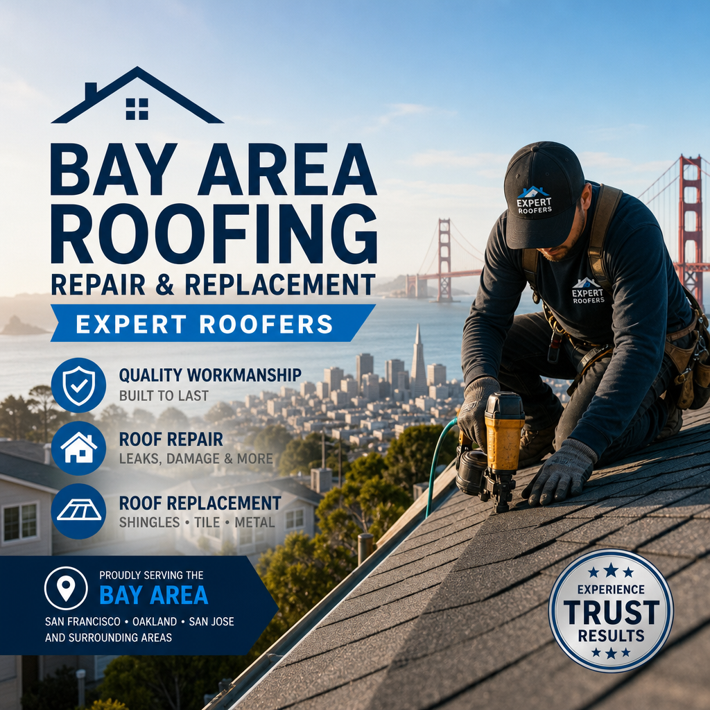 Expert roofers repairing and replacing a Bay Area home roof