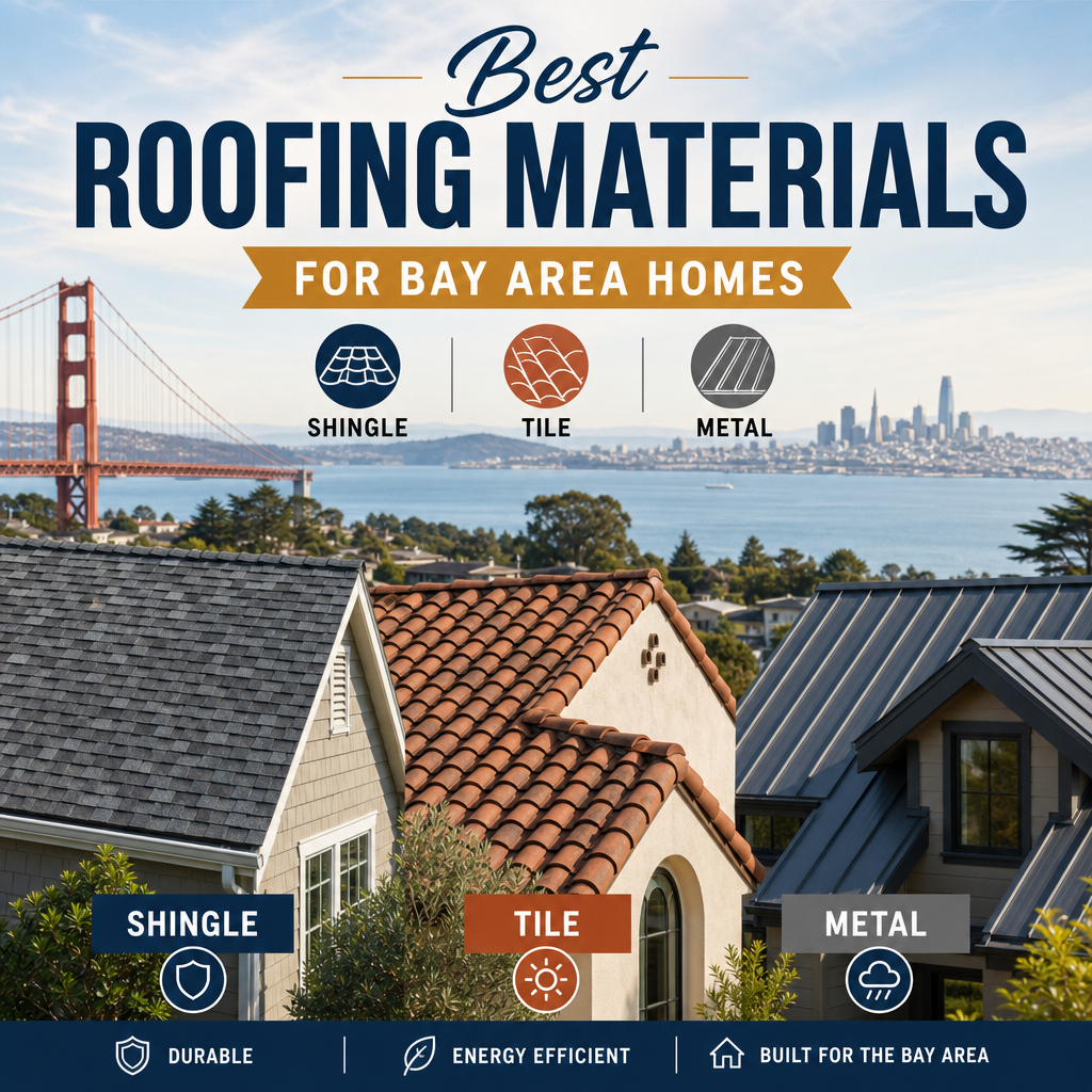 Roofing samples showing shingle, tile, and metal Bay Area roofing materials.