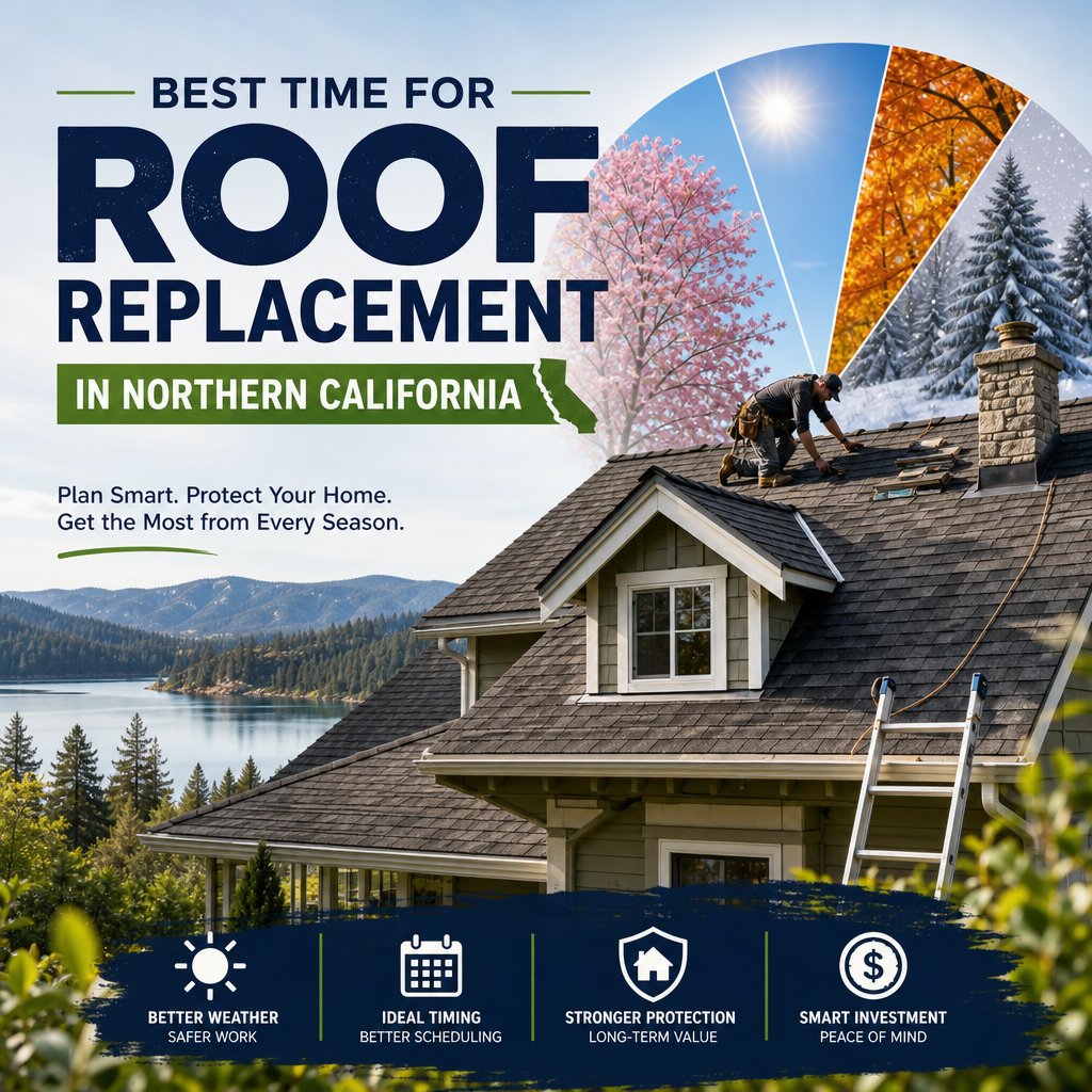 Seasonal roof replacement tips for Northern California highlighting spring and early fall as ideal times.