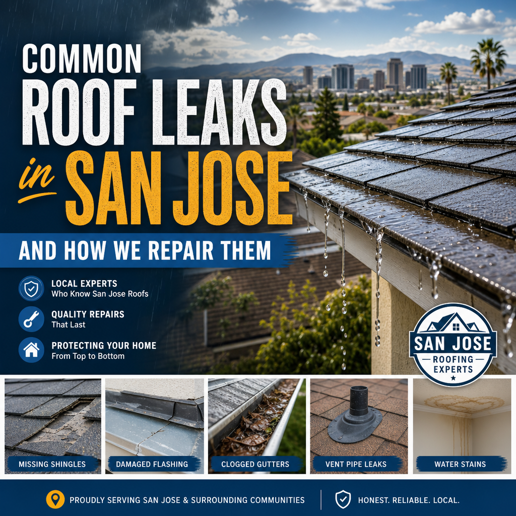 Roof leak repair illustration showing damaged shingles, flashing, gutters, vent pipes, and water stains in San Jose