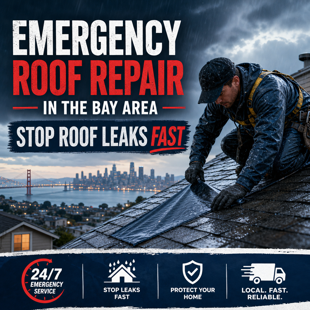 Emergency roof repair crew patching a leaking roof in the Bay Area with 24/7 service