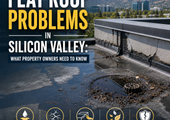 Illustrated flat roof problems in Silicon Valley: ponding water, cracks, blistering, damaged flashing, debris, and leaks