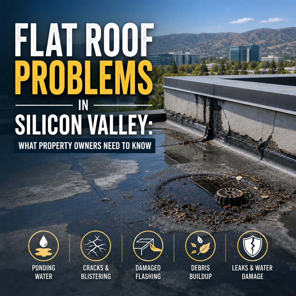 Illustrated flat roof problems in Silicon Valley: ponding water, cracks, blistering, damaged flashing, debris, and leaks
