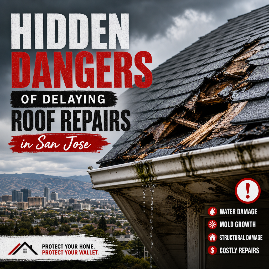 Damaged roof with missing shingles showing the risks of delaying roof repairs in San Jose