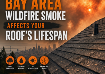 Diagram showing wildfire smoke particles, soot, and heat damaging a roof over time