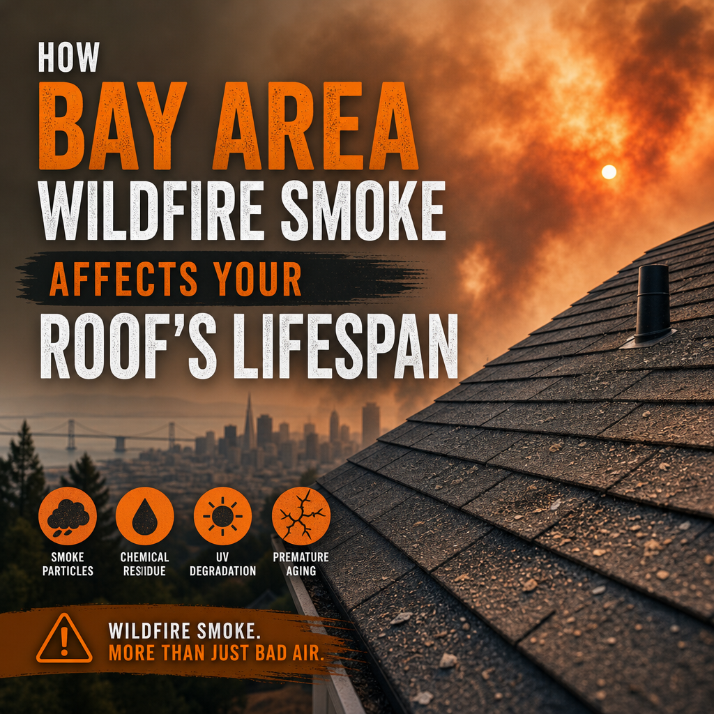 Diagram showing wildfire smoke particles, soot, and heat damaging a roof over time