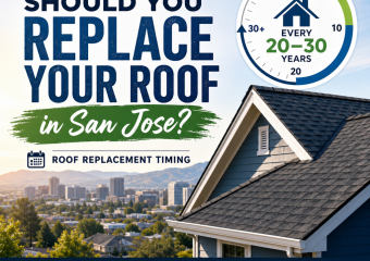 Illustration of a San Jose home roof replacement timing guide with age, material, and climate factors