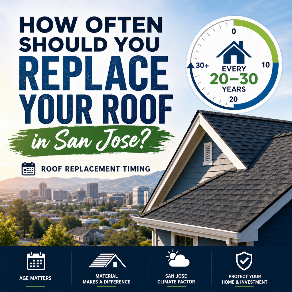 Illustration of a San Jose home roof replacement timing guide with age, material, and climate factors