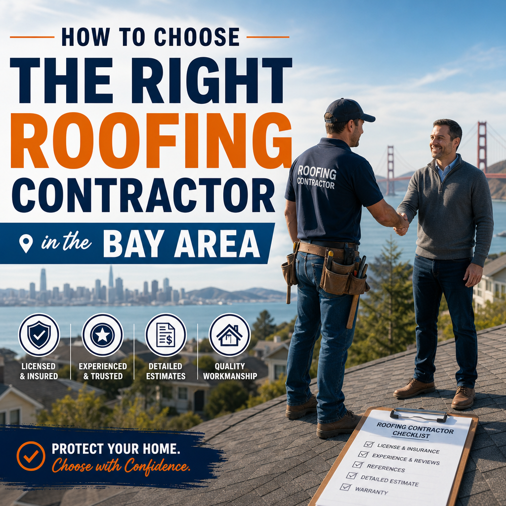 Licensed roofing contractor inspecting a Bay Area home roof for quality workmanship and local code compliance