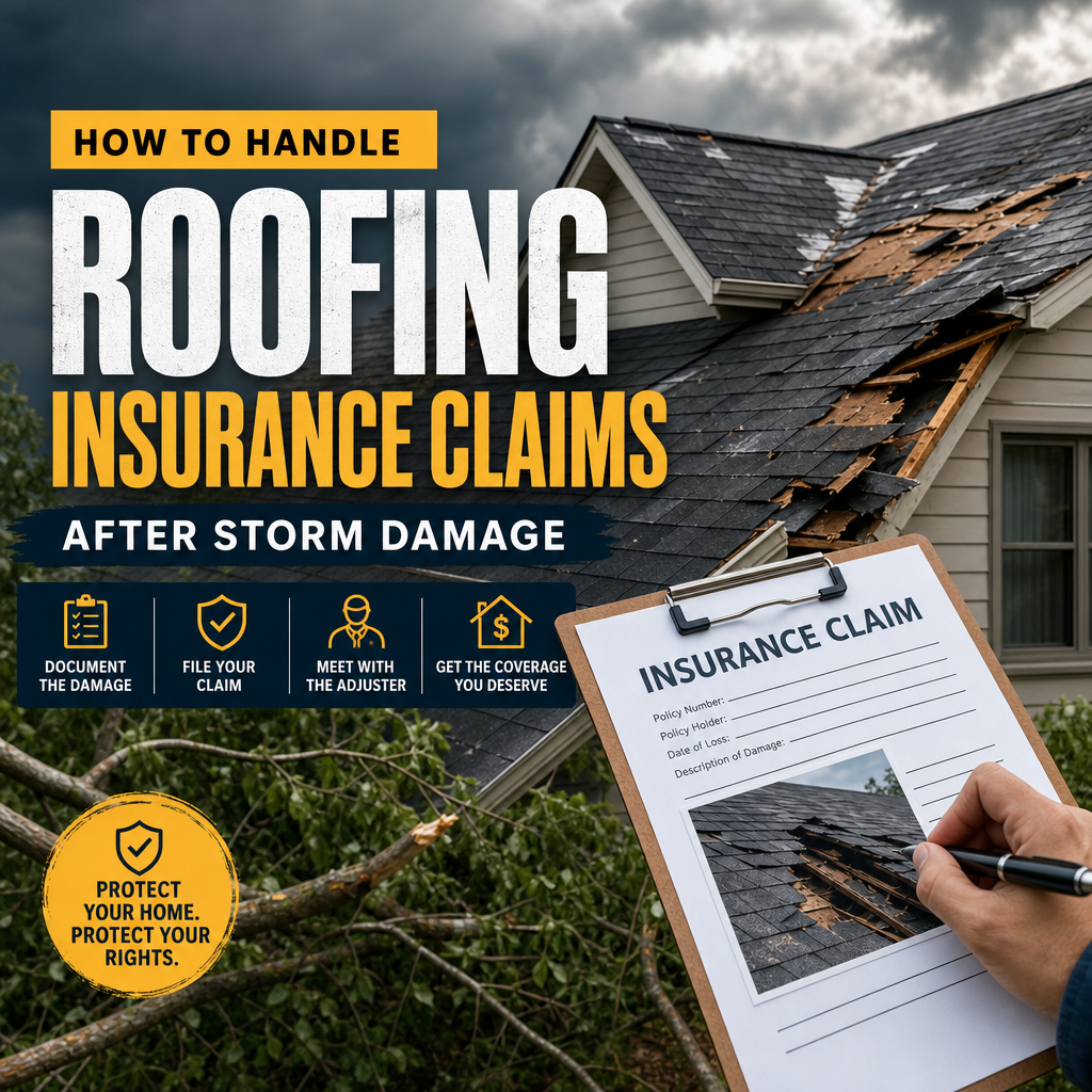 Homeowner reviewing storm-damaged roof with insurance paperwork and a contractor nearby