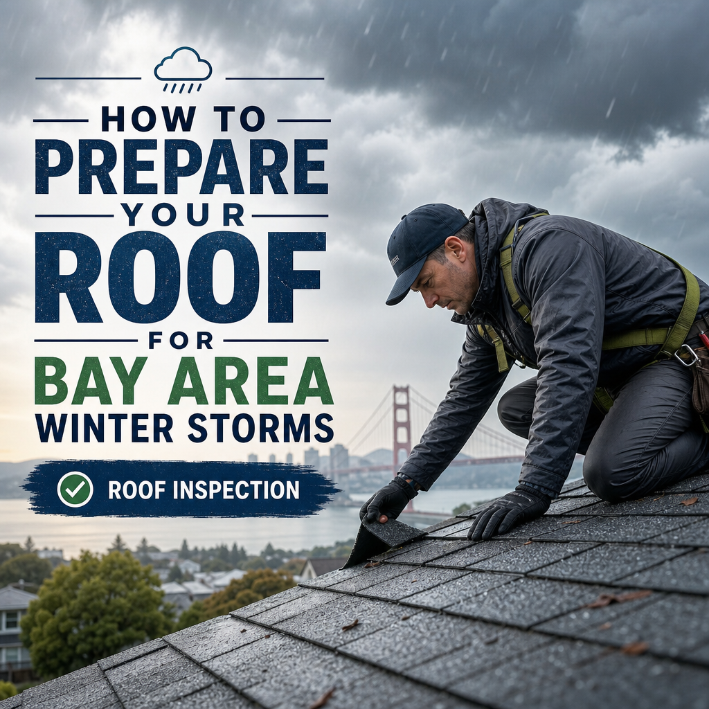 Professional roofer inspecting a Bay Area home's roof before winter storms