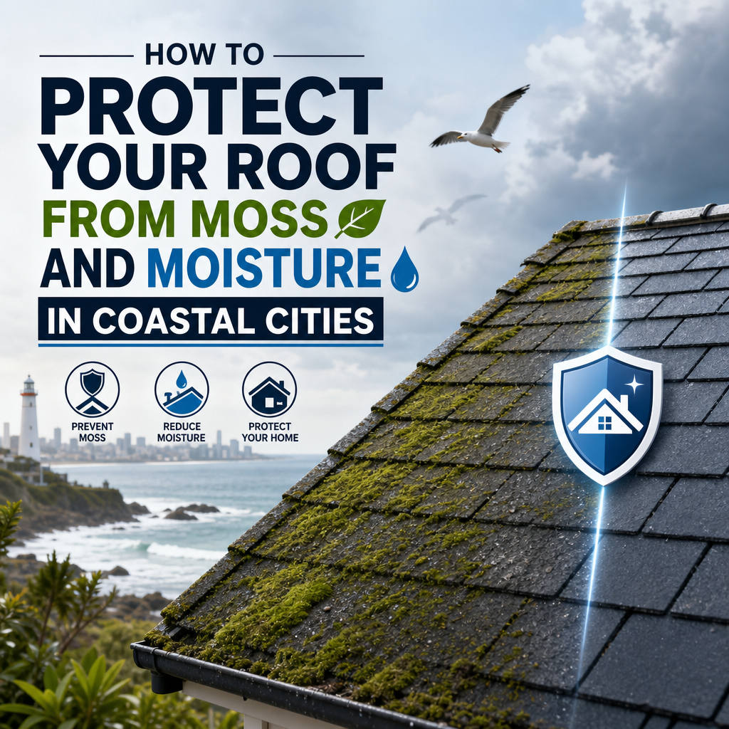 Roof in a coastal city with moss growth and moisture damage prevention focus
