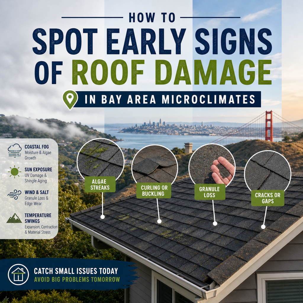 Infographic on early signs of roof damage in Bay Area microclimates with key indicators and prevention tips