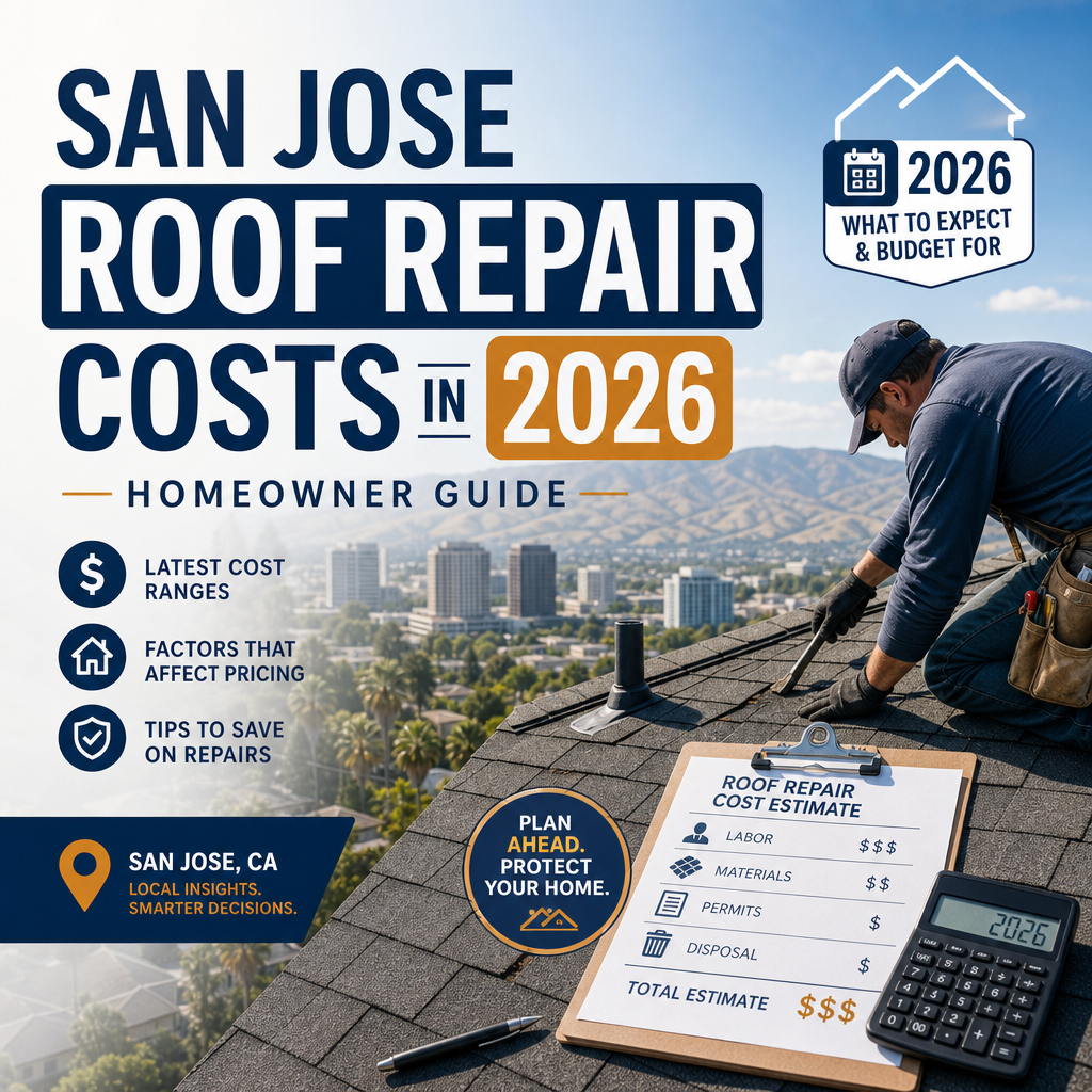 Illustration of San Jose roof repair costs in 2026 with pricing factors and savings tips