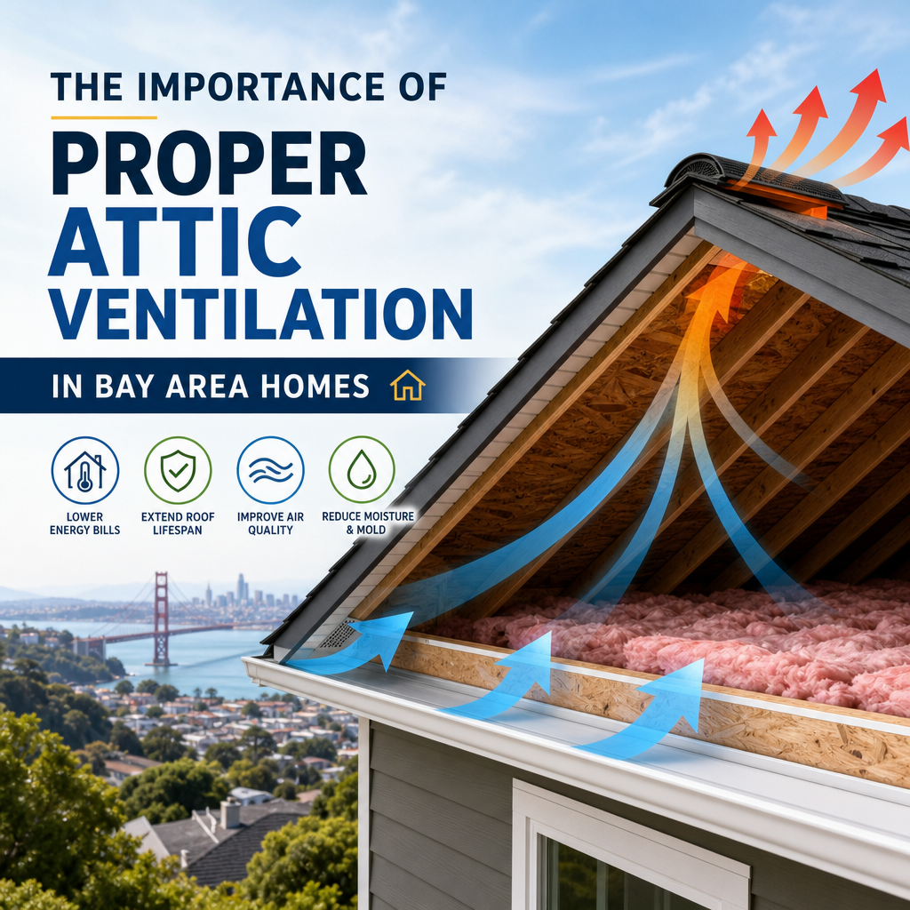 Illustration of proper attic ventilation with airflow arrows and a Bay Area cityscape background