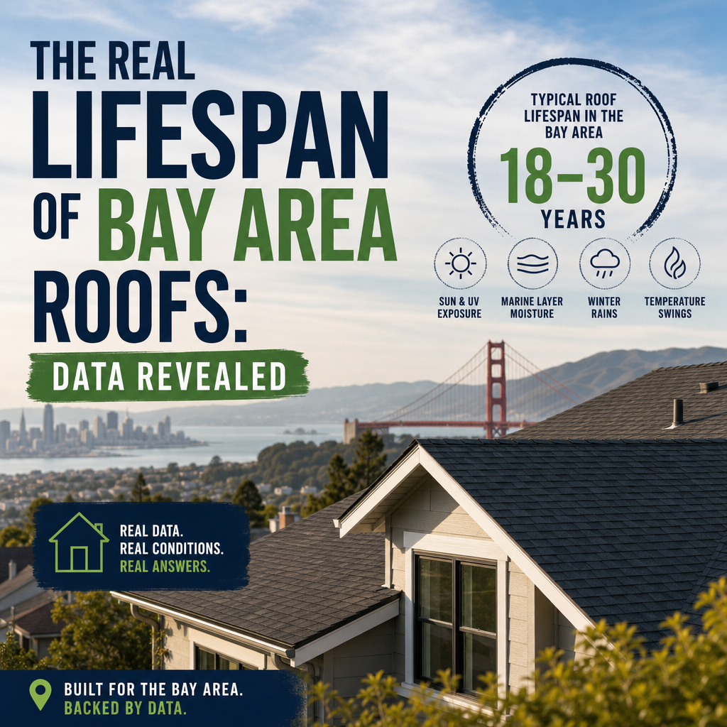 Infographic on Bay Area roof lifespan, showing durability data and weather factors like fog, sun, salt air, and maintenance