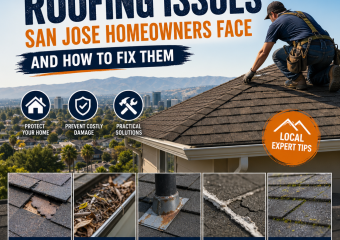 San Jose homeowner inspecting roof damage with icons for leaks, sun wear, and repair tips