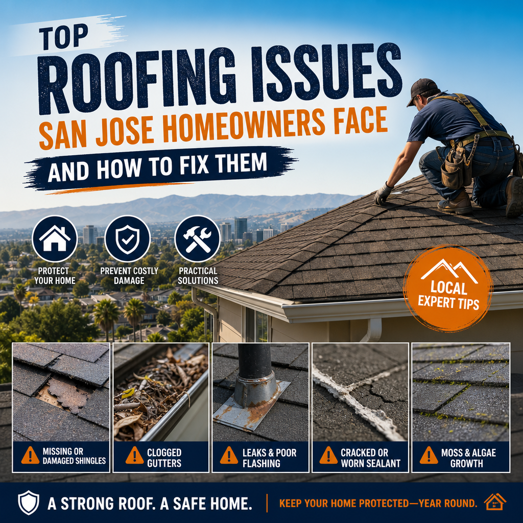 San Jose homeowner inspecting roof damage with icons for leaks, sun wear, and repair tips
