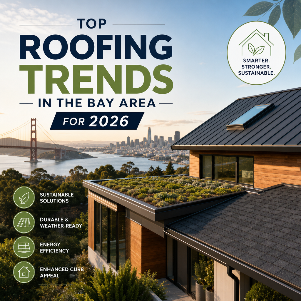 Illustration of Bay Area roofing trends for 2026, showing sustainable, durable, energy-efficient roof options