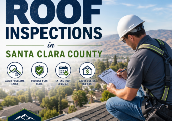 Roof inspector checking a Santa Clara County home roof for damage and maintenance needs