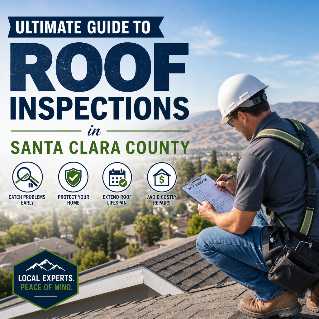 Roof inspector checking a Santa Clara County home roof for damage and maintenance needs