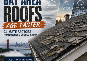 Weathered roof showing sun, fog, wind, and salt-air damage from Bay Area climate factors