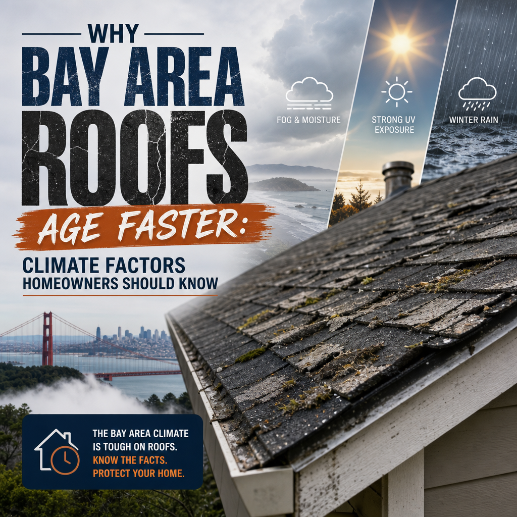 Weathered roof showing sun, fog, wind, and salt-air damage from Bay Area climate factors