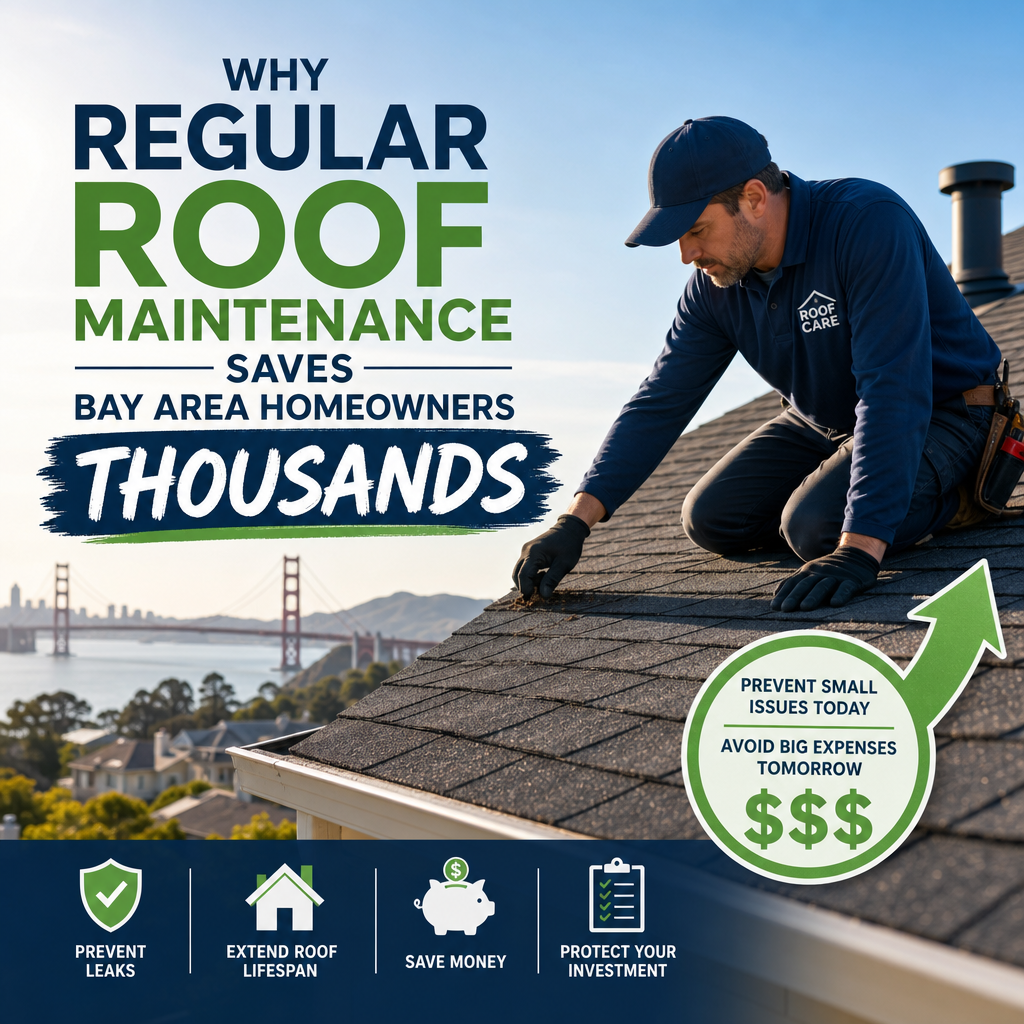 Roofing contractor inspecting a Bay Area home roof to prevent leaks and save on costly repairs