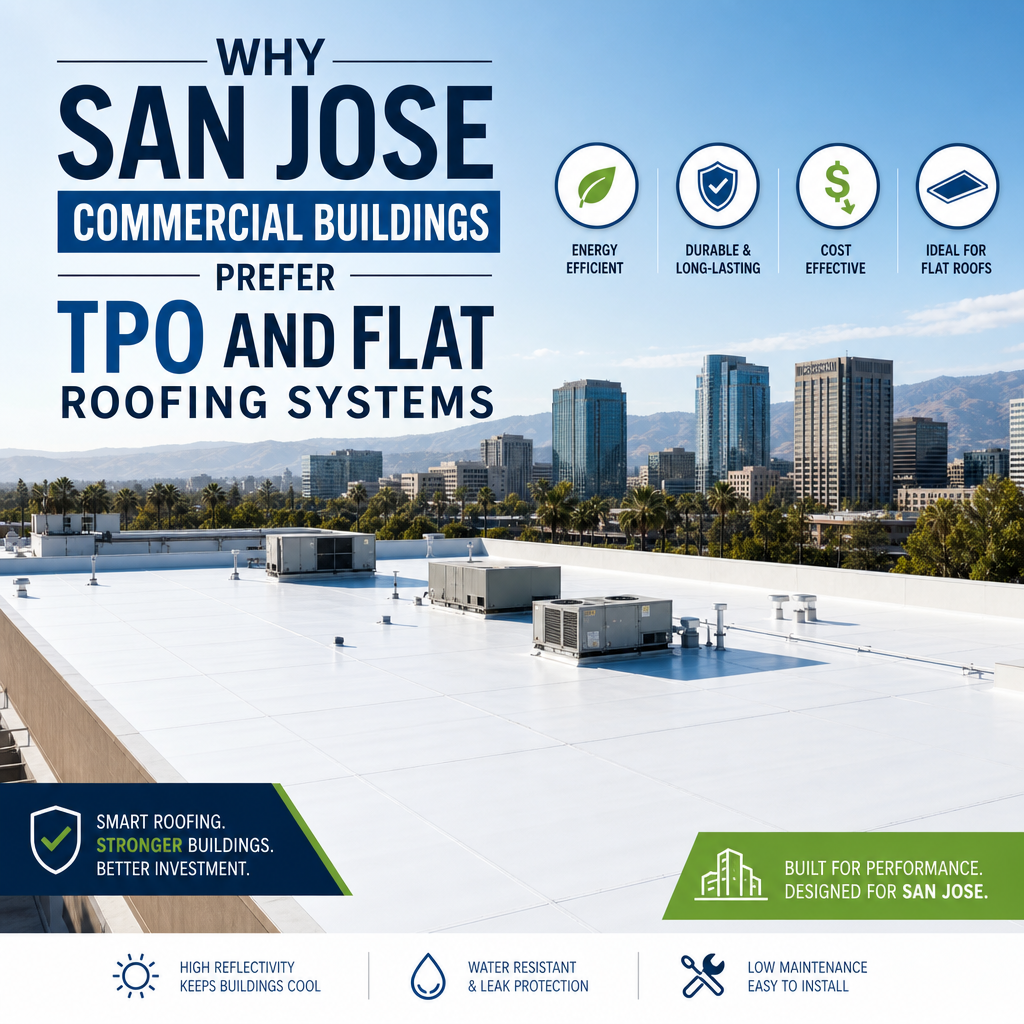 San Jose commercial buildings with TPO flat roofing for durability, energy efficiency, and cost savings